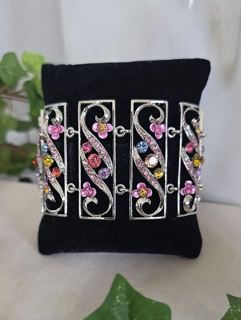Vintage Pink and Multi Color Crystal Filigree Swirl Floral Panel Bracelet